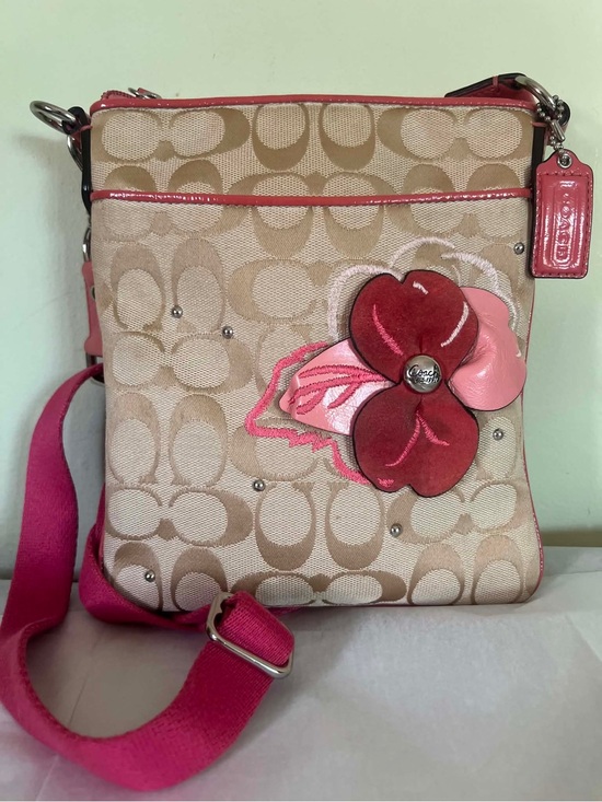Coach Handbags - Coach Beige Signature Crossbody with Pink Floral Accent
